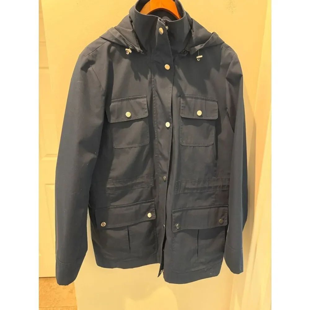 London Fog Navy Blue Parka With Removable Hoodie Cinched Waist Size XL